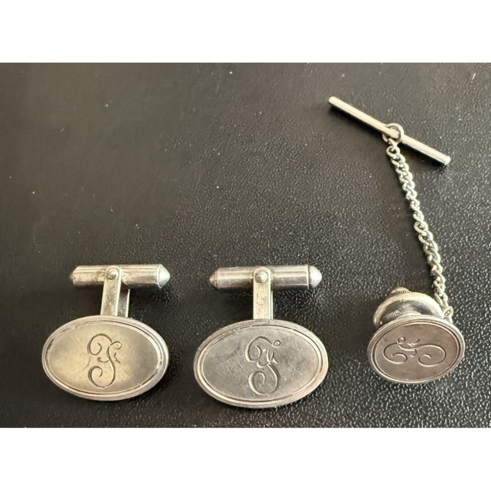 Vintage Silver Monogram (F) Cufflinks And Tie Pin